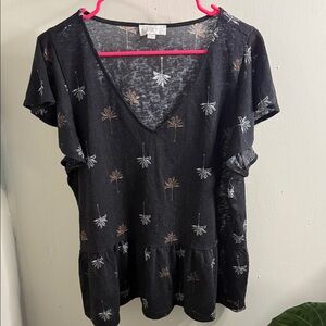 LOFT Black Blouse with Palm Design